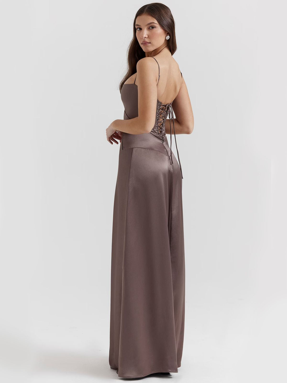 Gray backless dress with a lace-up back and an ultra-flattering silhouette, perfect for galas, proms, and special events.