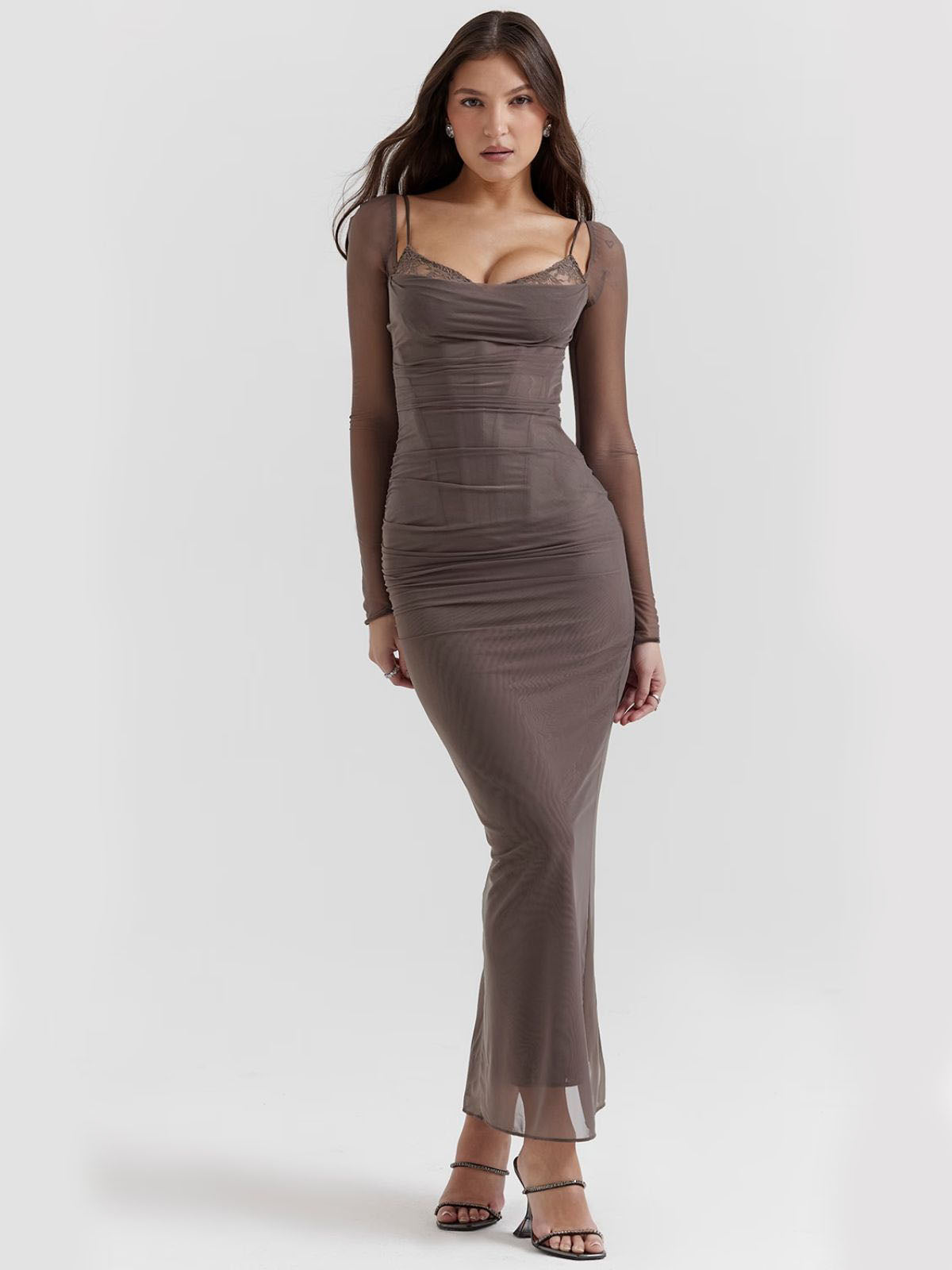 Gray lace maxi dress featuring sheer mesh sleeves and lace accents, designed for effortless elegance.