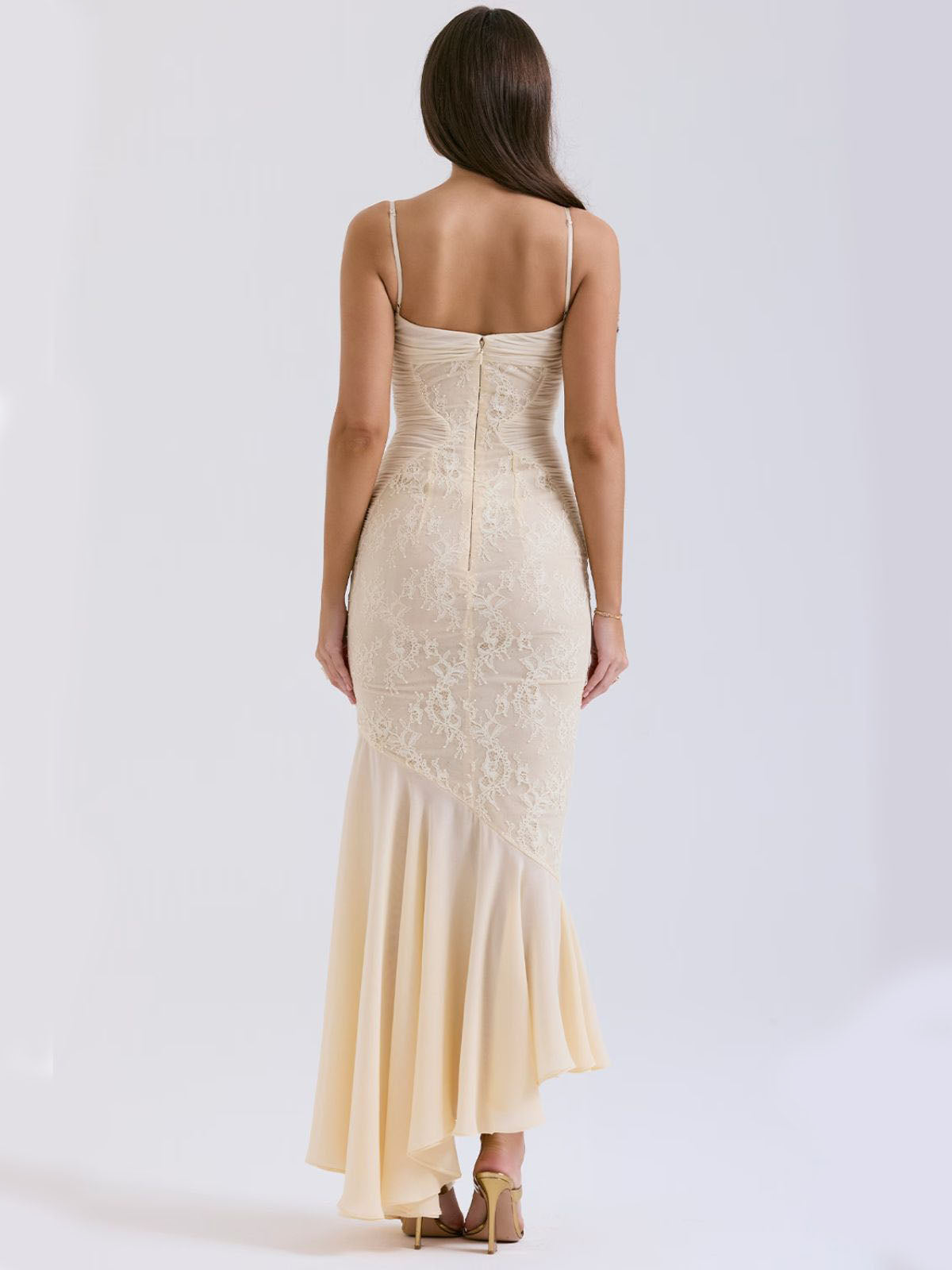 Ivory Grace Lace Gown – floral lace maxi dress with a fitted waist, lace embroidery, and a flared hem for a timeless look.