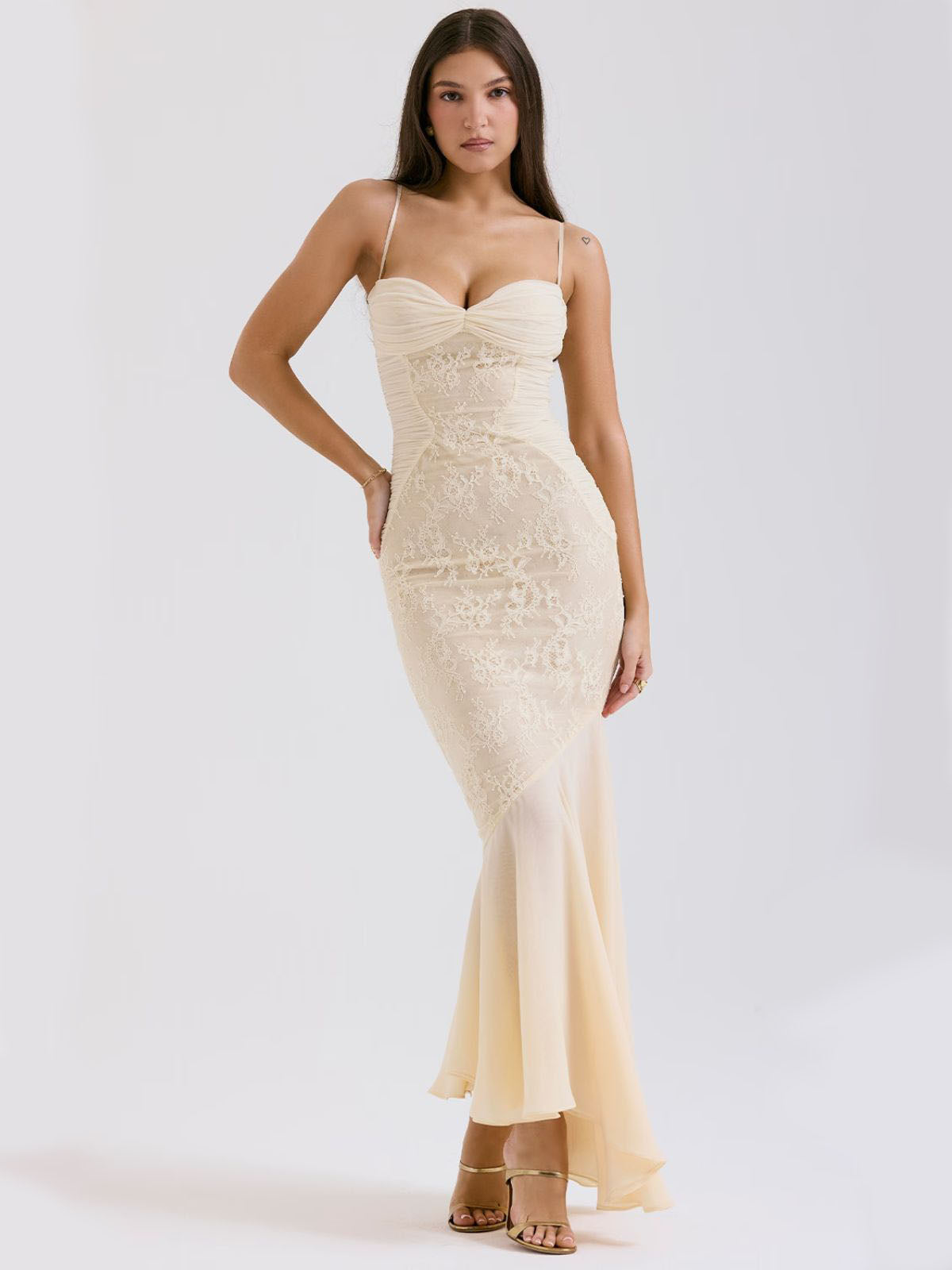 Ivory Grace Lace Gown – floral lace maxi dress with a ruched bust, mermaid silhouette, and spaghetti straps in a front view.