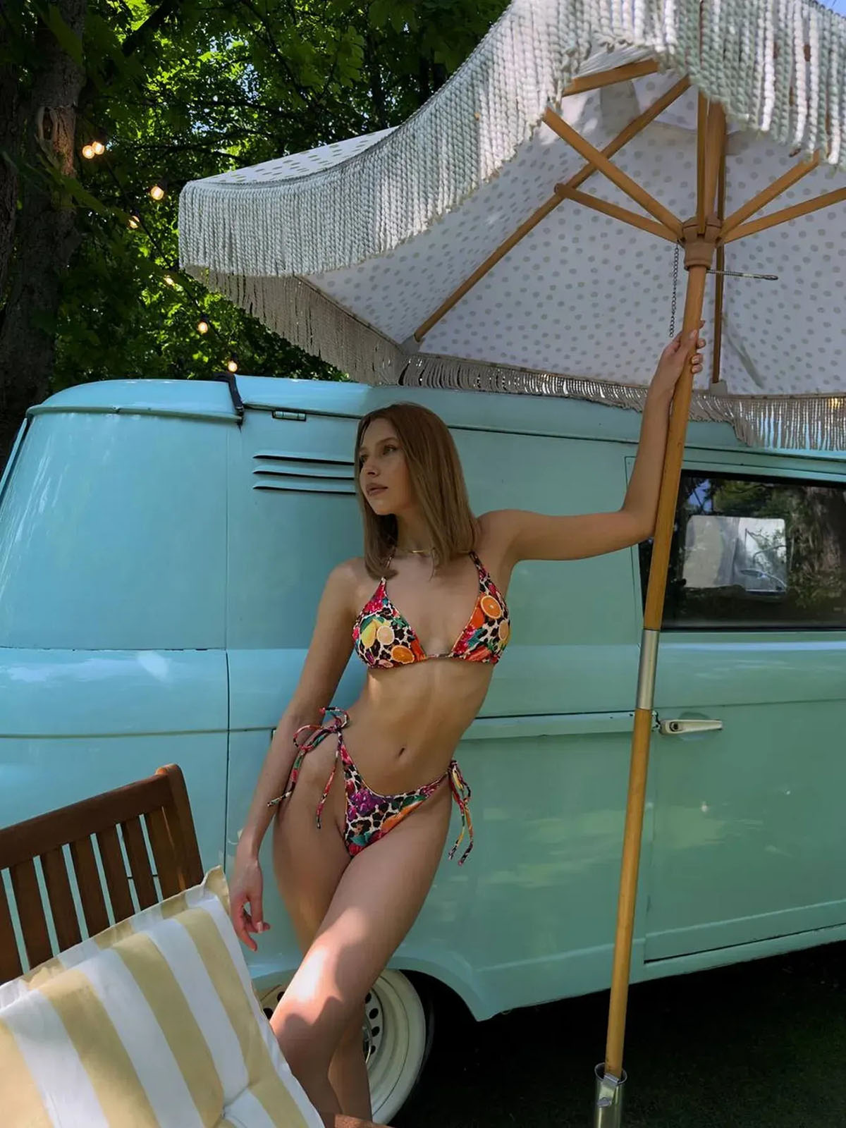 Limoncello Fruit Bikini front view triangle top and tie-side bottoms, colorful citrus print