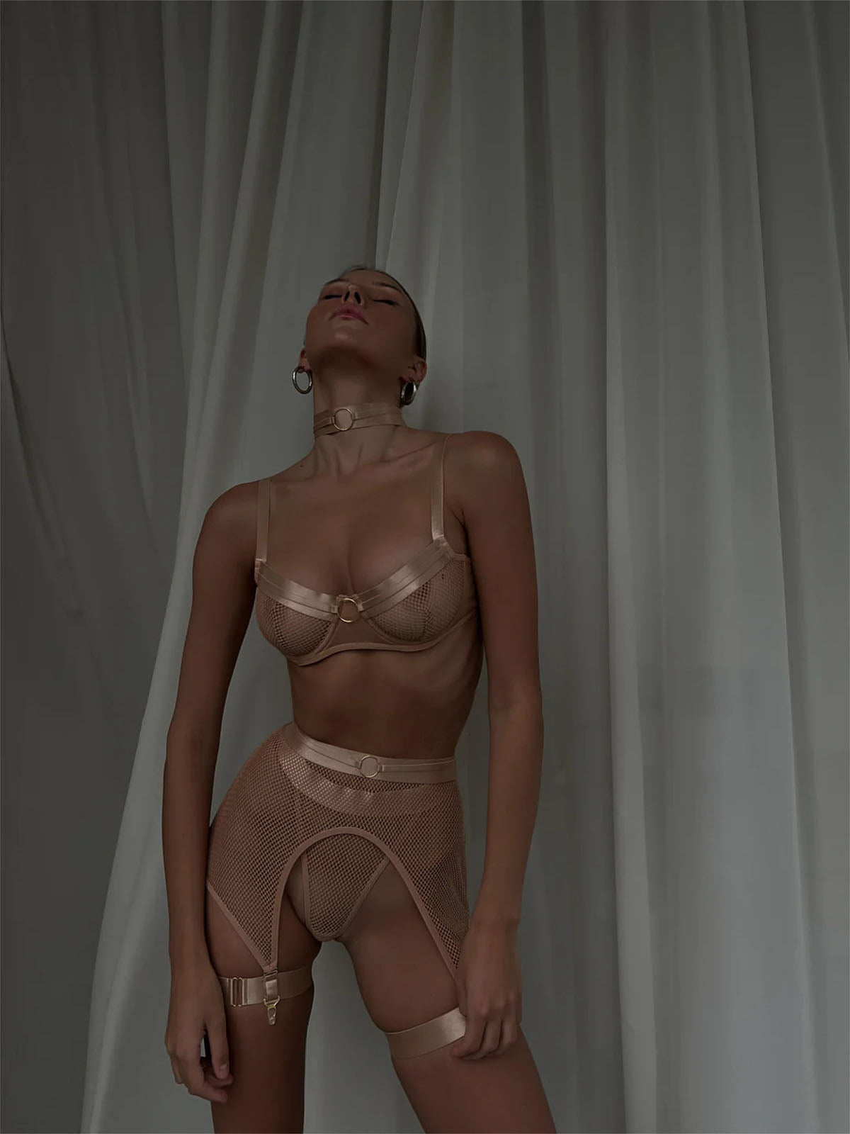 Lingerie Nude Halo Set with fishnet bra and high-waisted mesh bottom – full-body front pose.