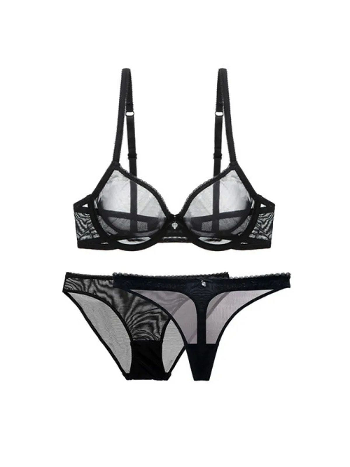 black mesh lingerie trio with transparent fabric and chic detailing, flat display.