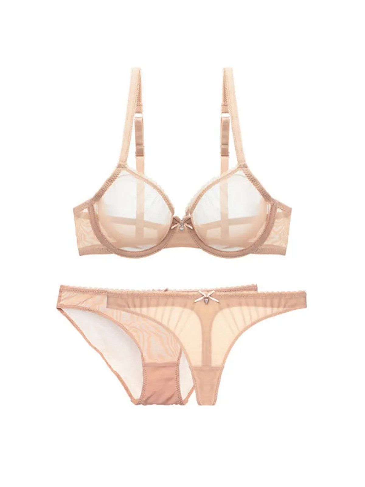 nude three-piece lingerie set with sheer fabric and fine lace, flatlay display.