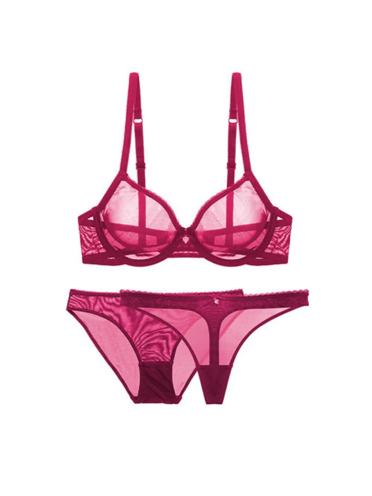red three-piece mesh bra, thong, and panty set laid flat with delicate sheer detail.