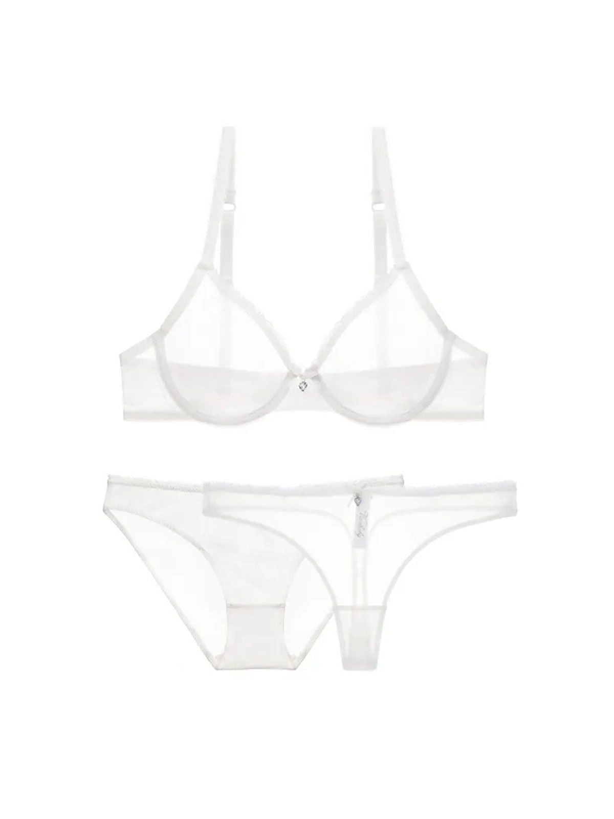 white mesh bra, thong, and panty set in soft sheer fabric, flatlay presentation.