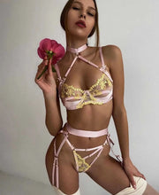 Lingerie Nude Pink Flower set with close-up of harness halter top and gold floral lace embroidery details.