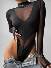 Obsidian Luxe Sheer Bodysuit closeup showing detailed grid stitching and premium polyester-spandex fabric.
