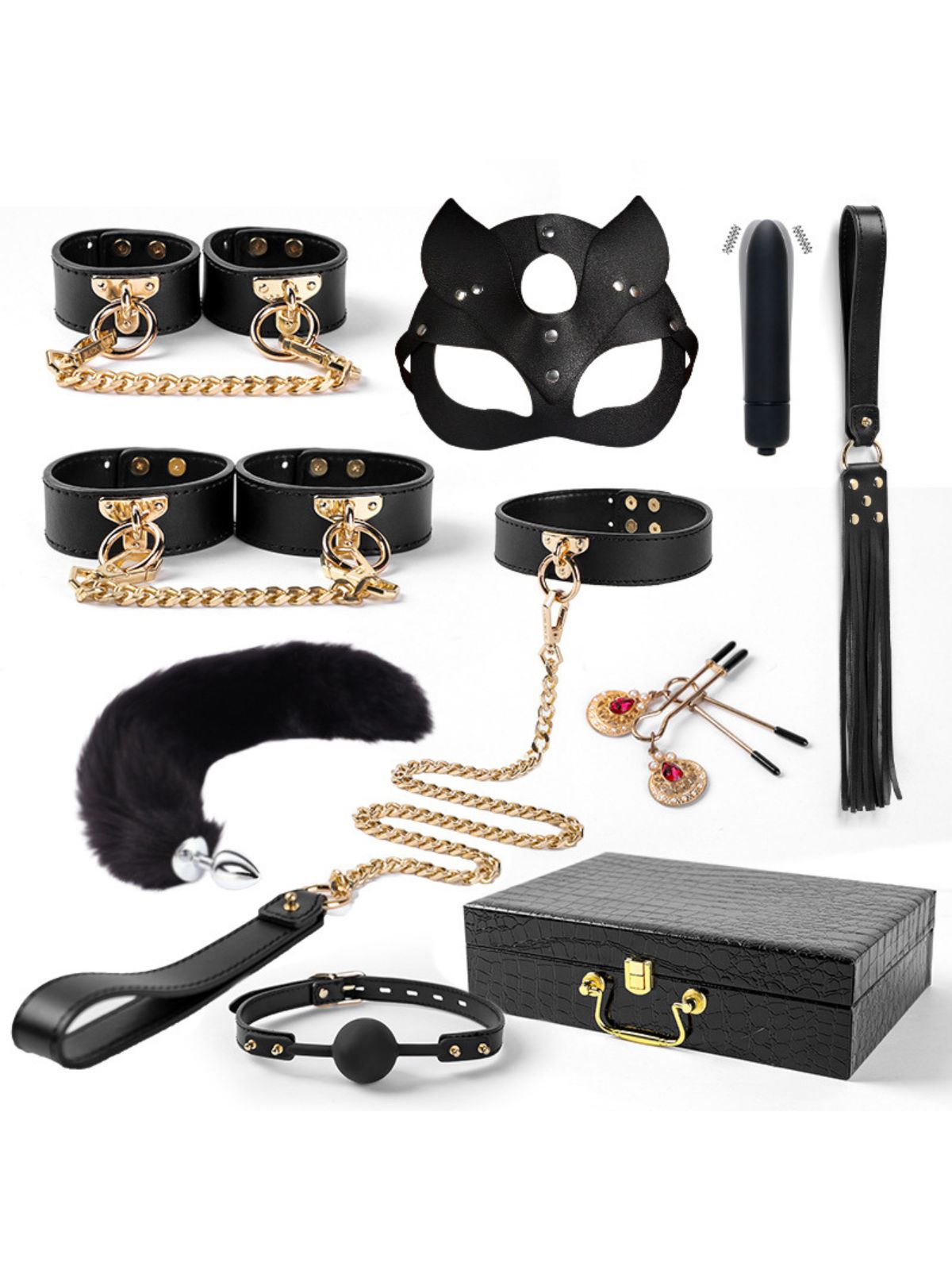Pet Play BDSM black kitten set with mask, cuffs, collar, leash, tail, gag and storage box