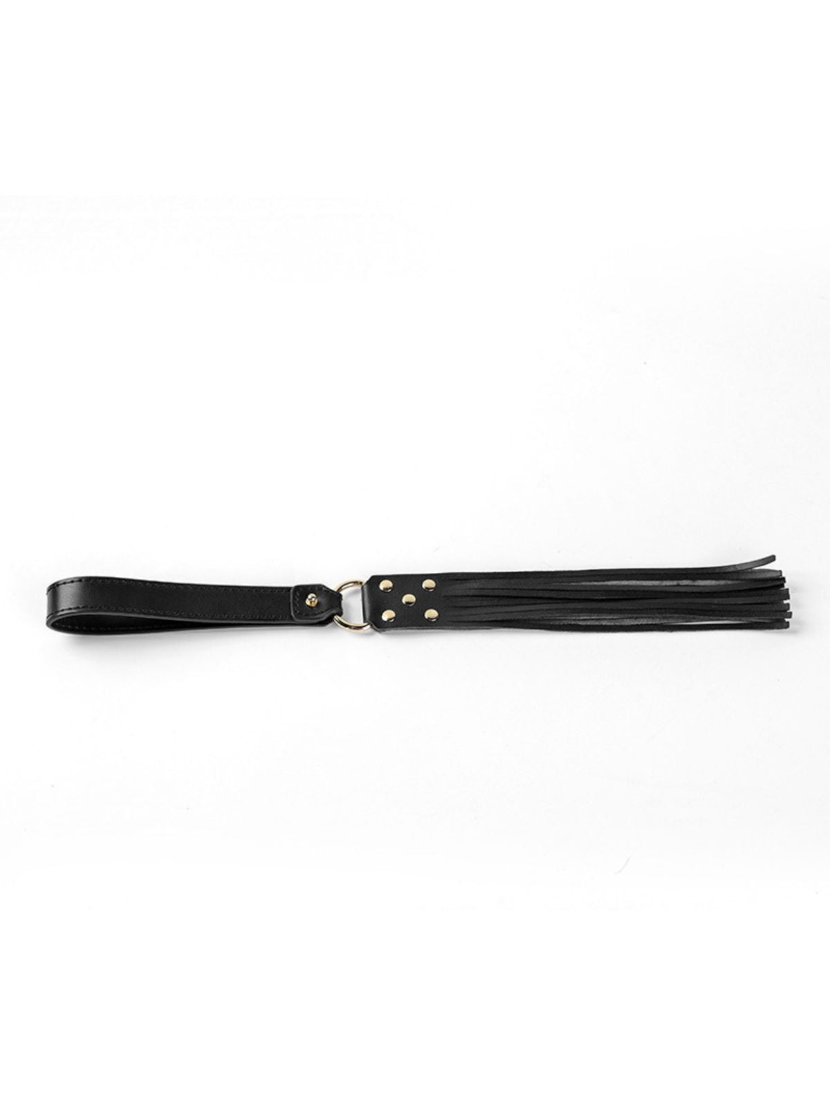 Pet Play BDSM black leather-look flogger with wrist handle and gold stud details