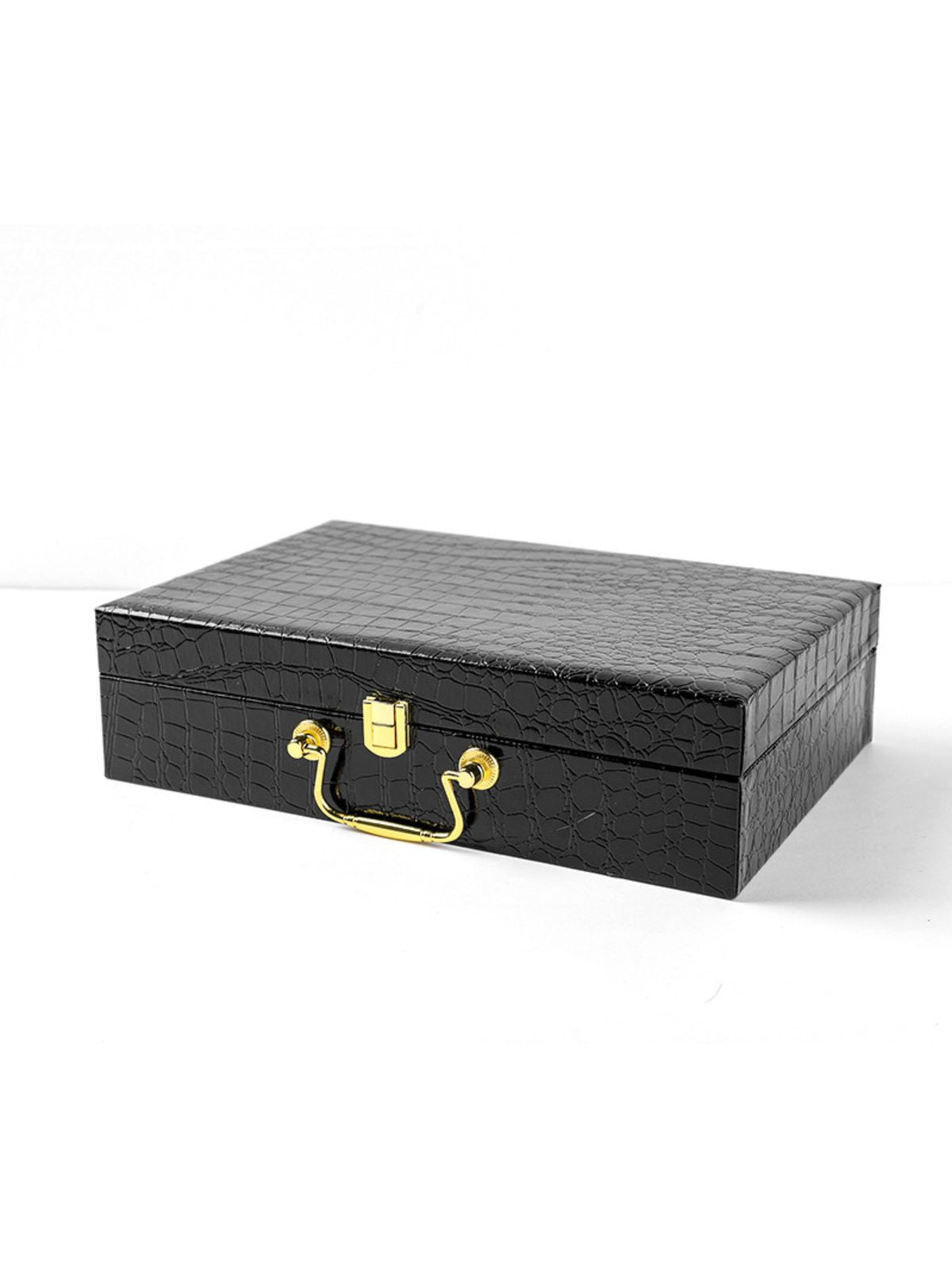 Pet Play BDSM black crocodile-style storage box with gold handle and clasp