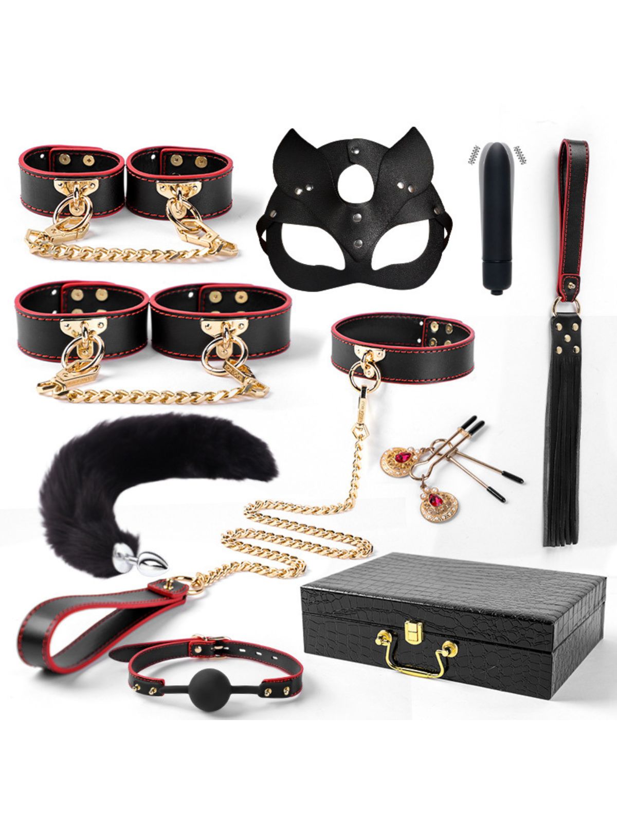Pet Play BDSM black and red kitten set with mask, cuffs, collar, leash, tail, gag and storage box