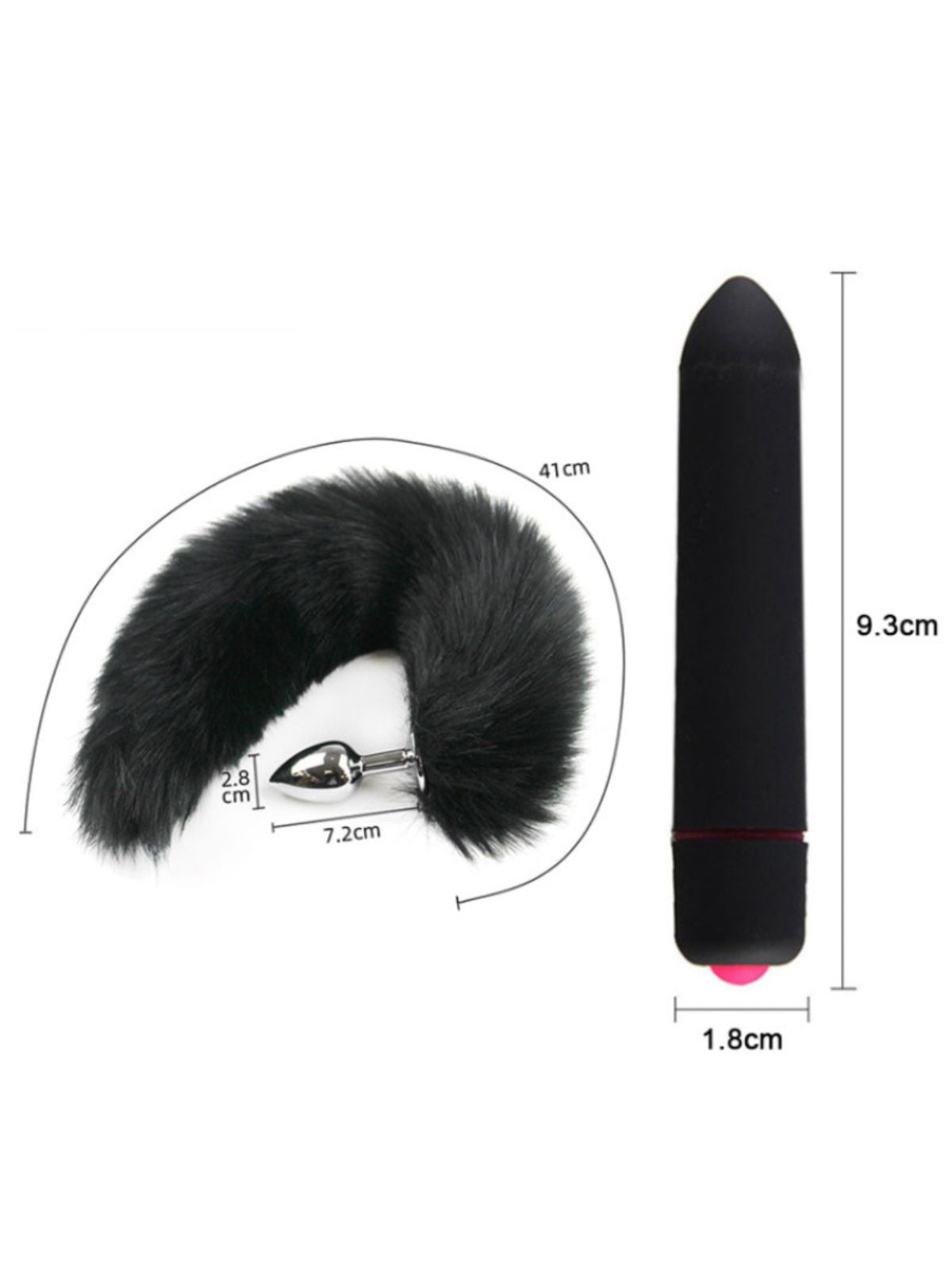 Pet Play BDSM black faux fur tail and black vibrating accessory with size details