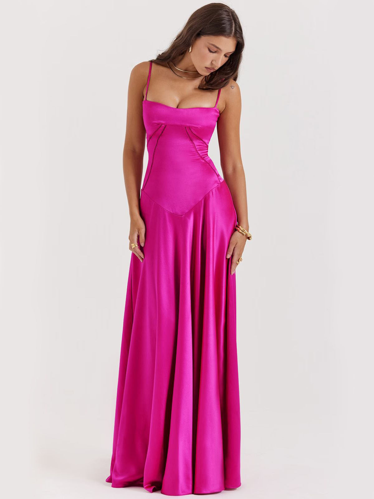  Pink backless dress with a corset lace-up back, highlighting a vintage-inspired design and customizable fit.