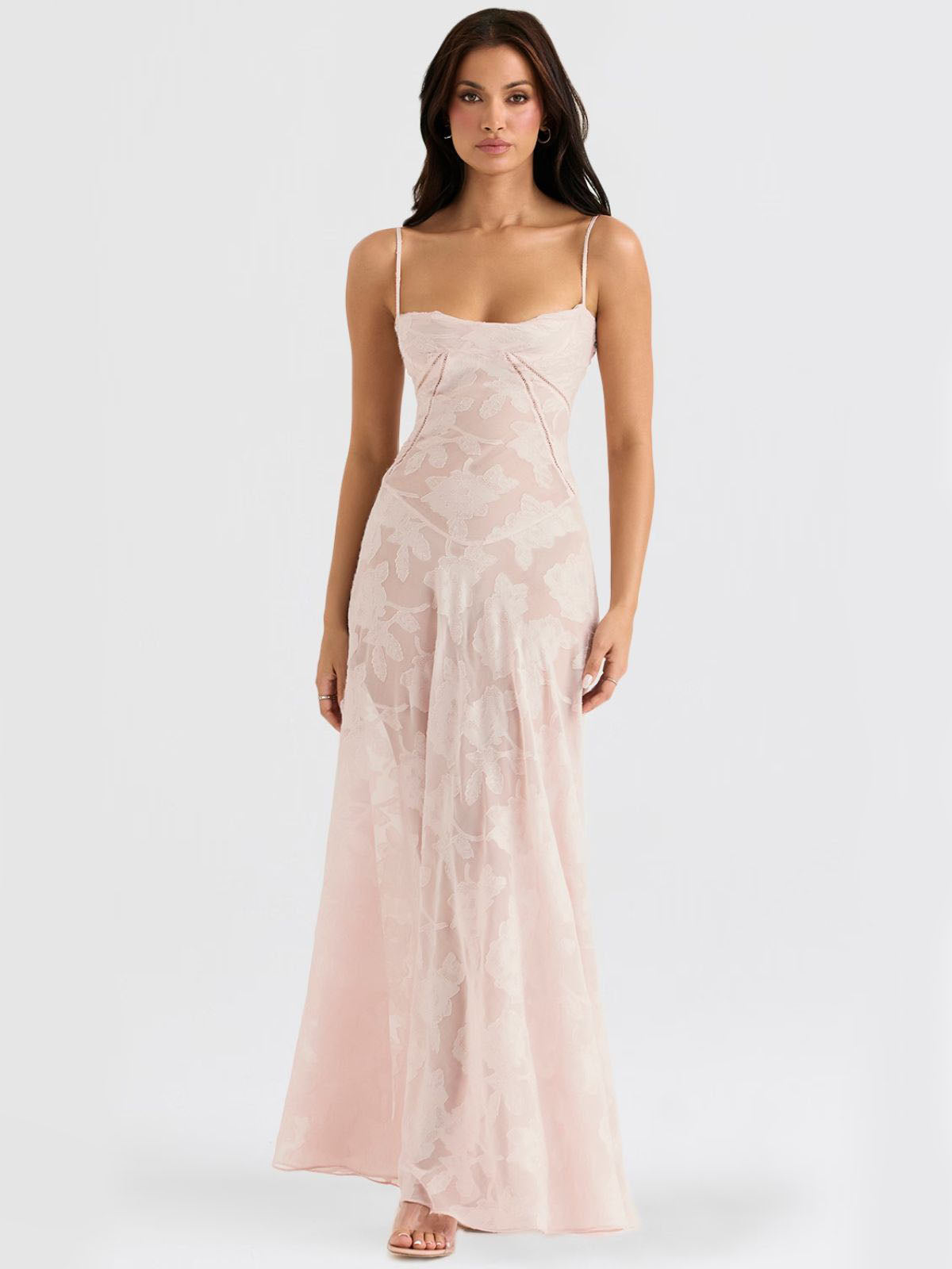 Soft pink floral maxi dress featuring a sweetheart neckline, delicate lace embroidery, and a flattering silhouette.