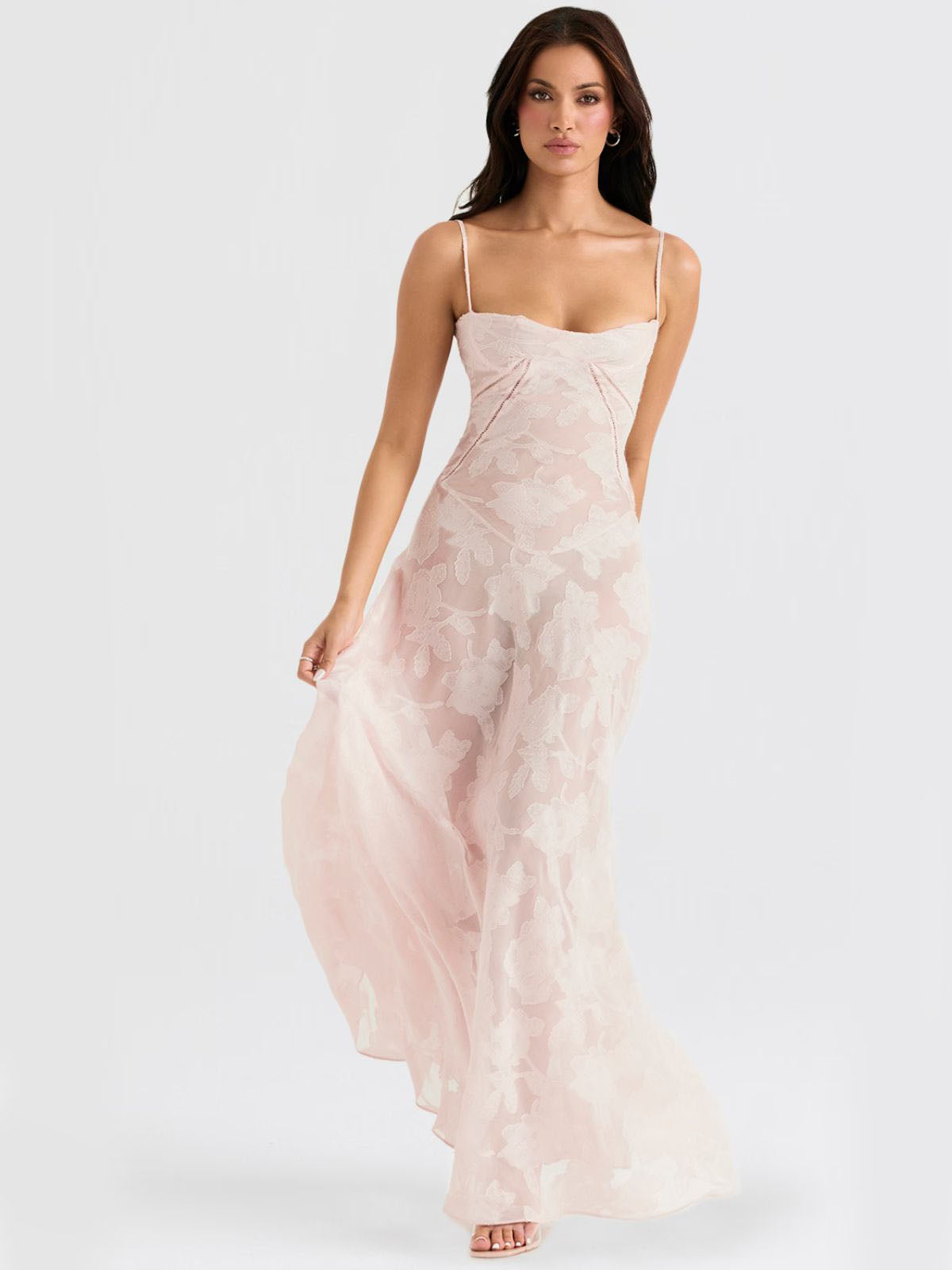 Pink floral maxi dress with a lace-up back, sheer embroidered details, and a flattering flowy fit—ideal for elegant occasions.