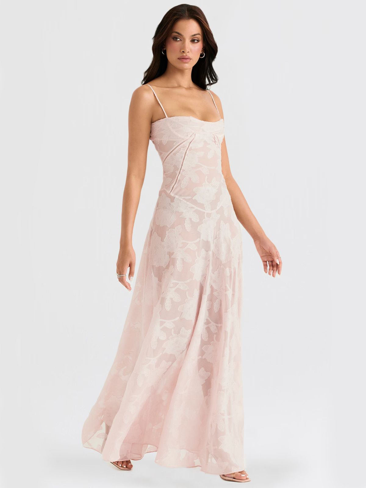Stunning pink floral maxi dress with a breezy flow, romantic floral details, and a timeless elegant design.