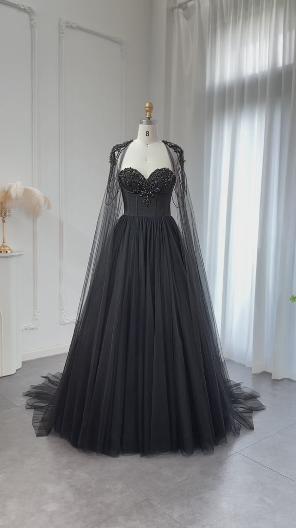 Load video: Raven Noir Embellished Wedding Gown studio showcase video presenting the gown’s elegant features and movement.