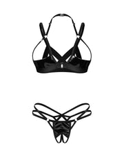 Quarter cup lingerie flat lay showing the back of the open bra and crotchless strappy thong