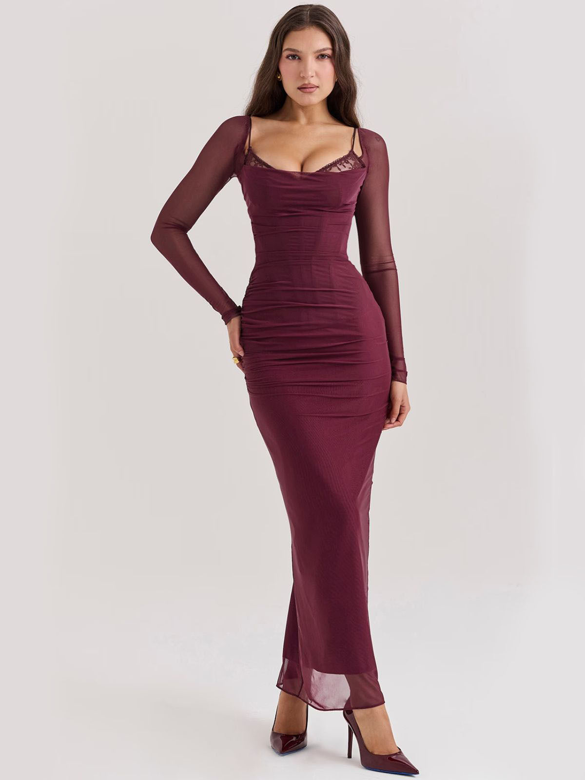 Sable Lace Wine Maxi Dress with sheer sleeves and a sleek design, ideal for special events and night outs.