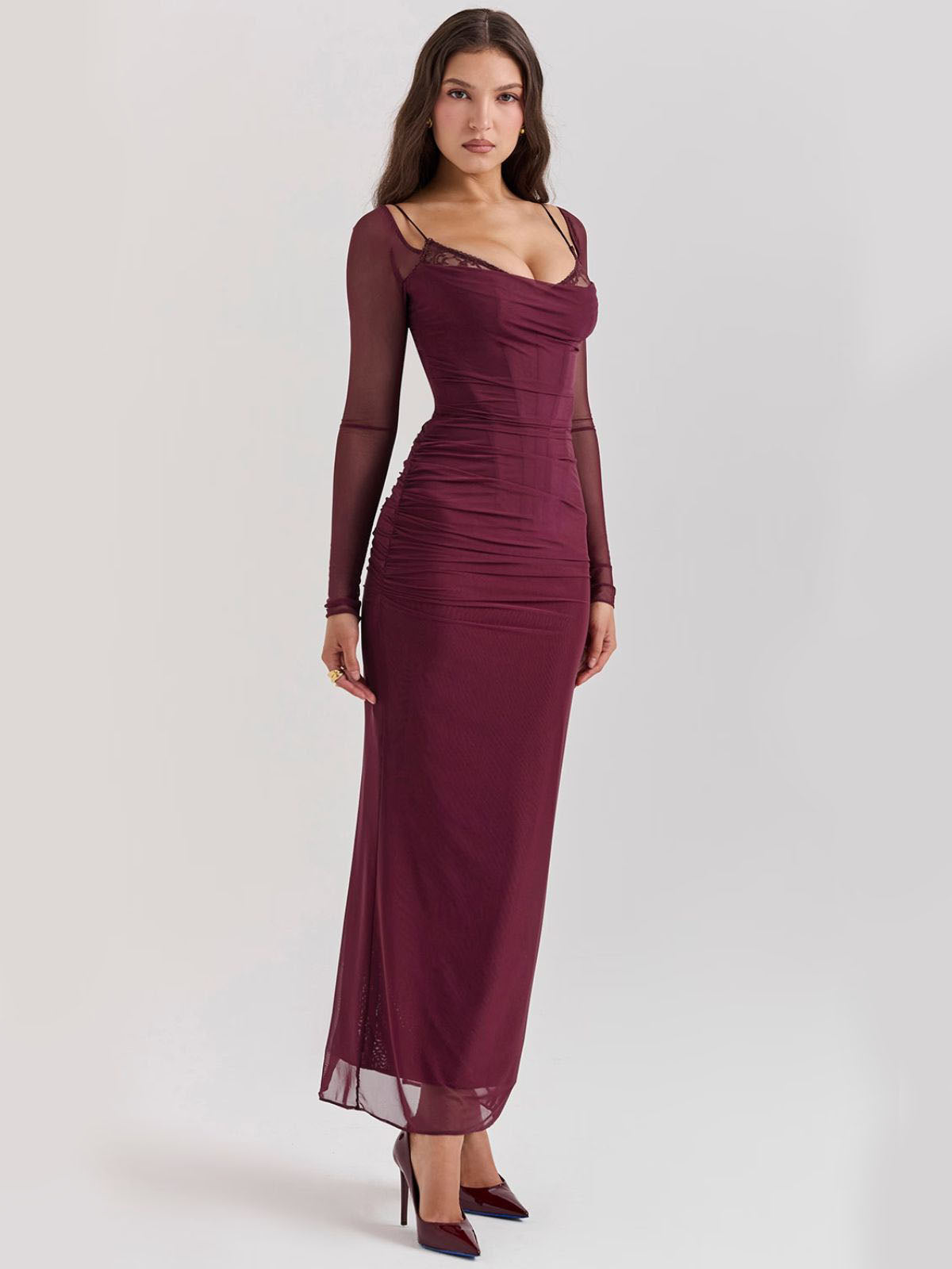 Sable Lace Wine Maxi Dress with long mesh sleeves and an elegant finish, perfect for formal events and evening wear.