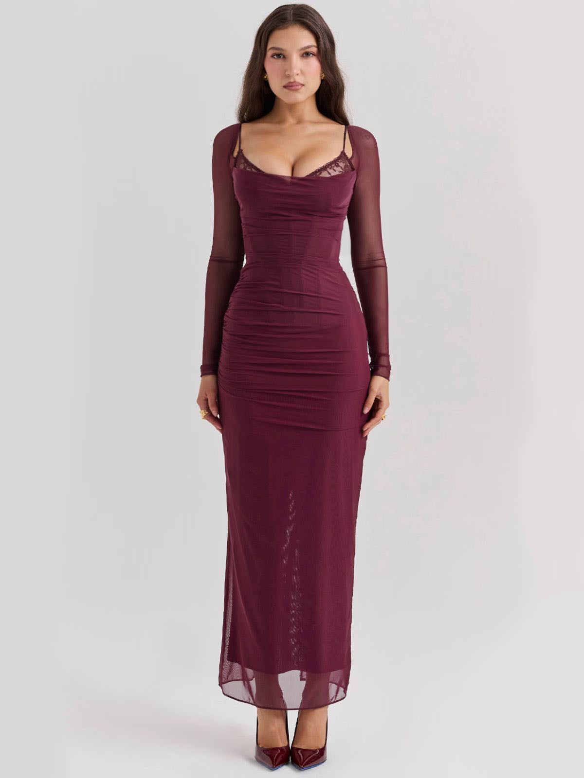 Sable Lace Wine Maxi Dress front view with lace details and a figure-hugging silhouette, perfect for formal occasions.