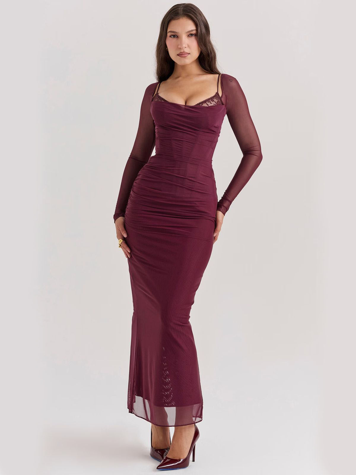 Sable Lace Wine Maxi Dress with sheer long sleeves and a flattering fit, designed for effortless elegance.