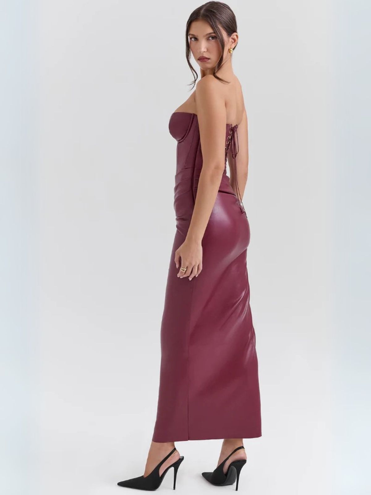 Scarlett Leather Dress - Side angle of the long red leather gown, ideal for formal and chic events.