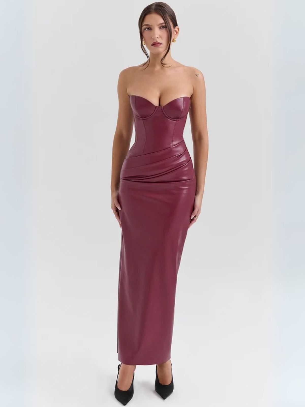 Scarlett Leather Dress - Full-length red leather gown with strapless design and curve-hugging silhouette.