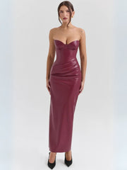 Scarlett Leather Dress - Full-length red leather gown with strapless design and curve-hugging silhouette.