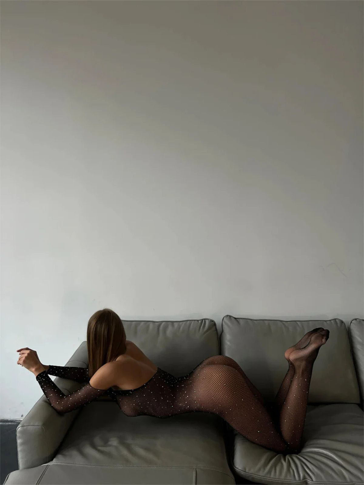 Sexy Fishnet Bodystocking — Sparkly Mesh, black, off-shoulder, back view, full length