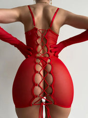 Sheer Lace-Up Bodysuit – Red & Black Mesh back lace-up detail in red mesh