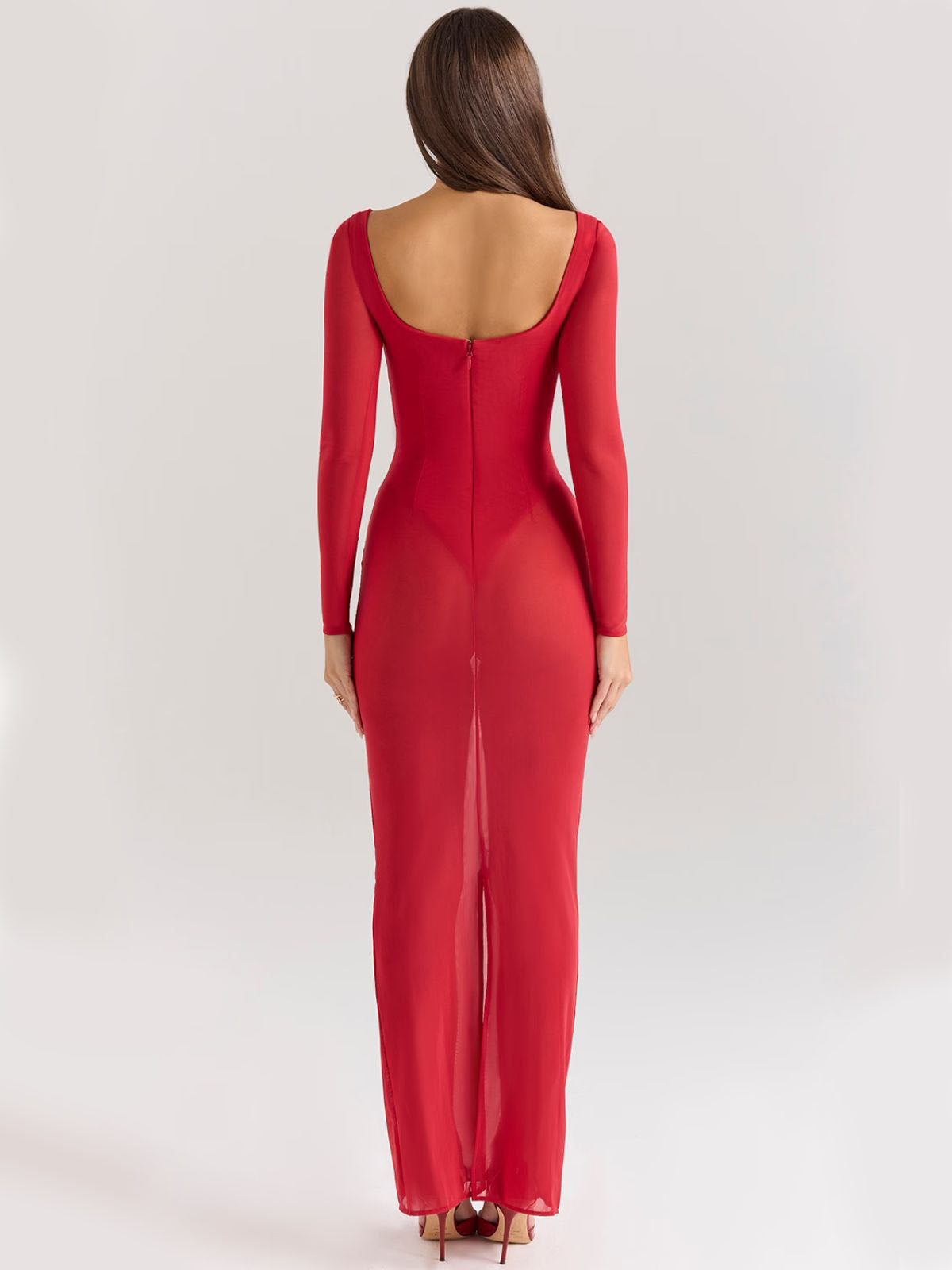 Vivienne Mesh Maxi Dress - Red, back view with low back, sheer mesh, and sleek zipper detail.