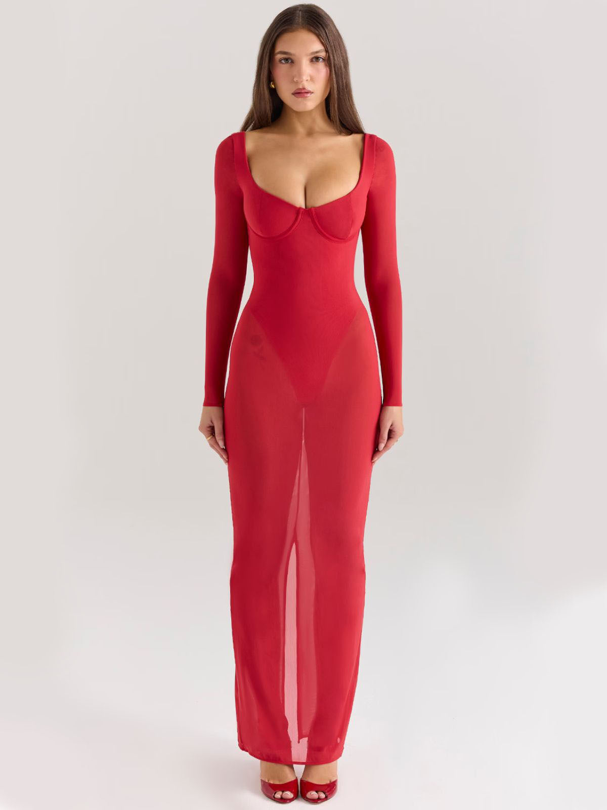 Vivienne Mesh Maxi Dress - Red, front view with long sleeves, underwired bodice, and body-hugging fit.