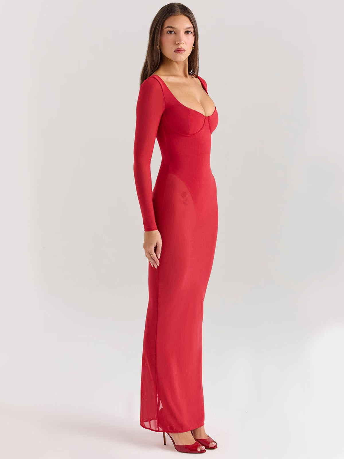 Vivienne Mesh Maxi Dress - Red, side angle showing curve-hugging fit and sultry semi-sheer fabric.