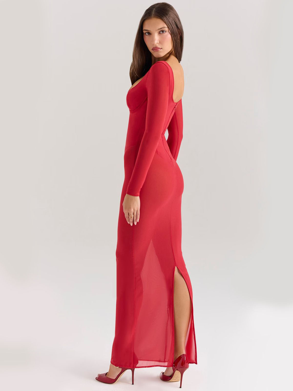 Vivienne Mesh Maxi Dress - Red, side view with elegant sheer mesh fabric and a sultry side slit.