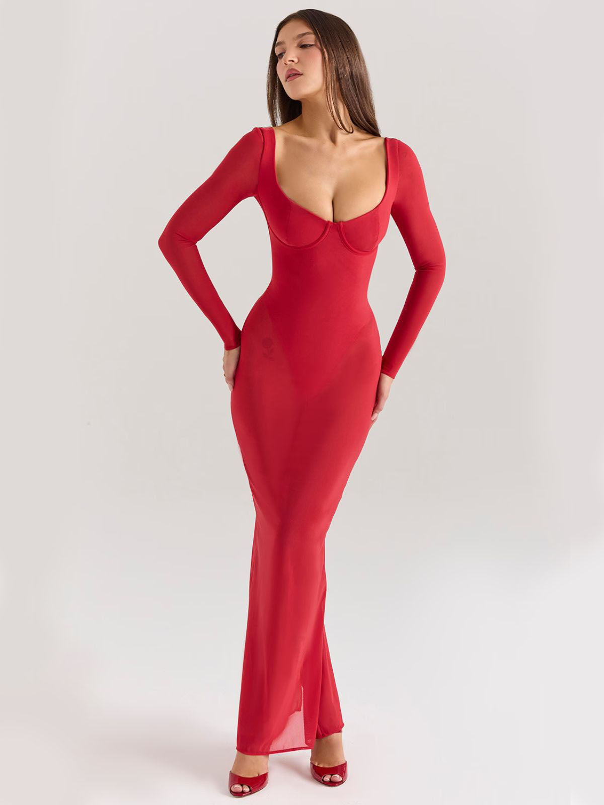 Vivienne Mesh Maxi Dress - Red, stylish pose with bold mesh fabric and elegant long sleeves.
