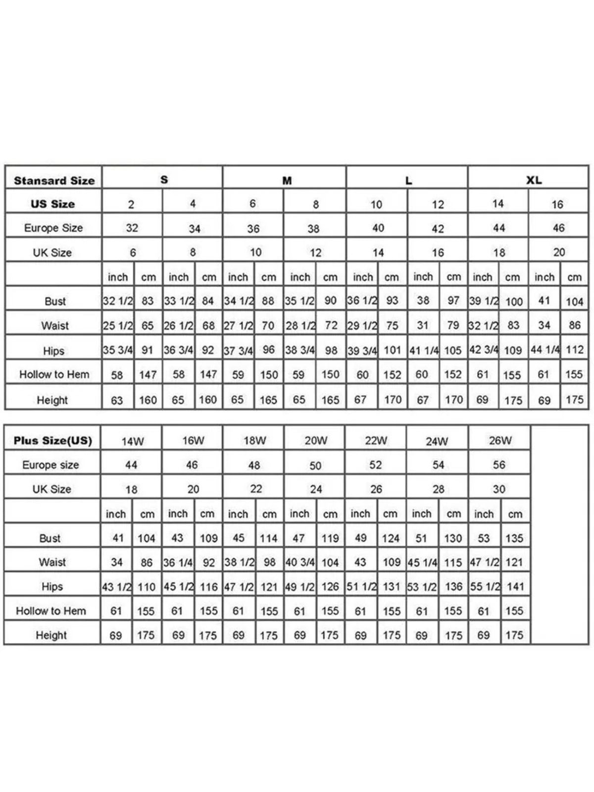 Wedding dress size chart for standard and plus sizes in inches and centimeters, including US, UK, and Europe sizes.