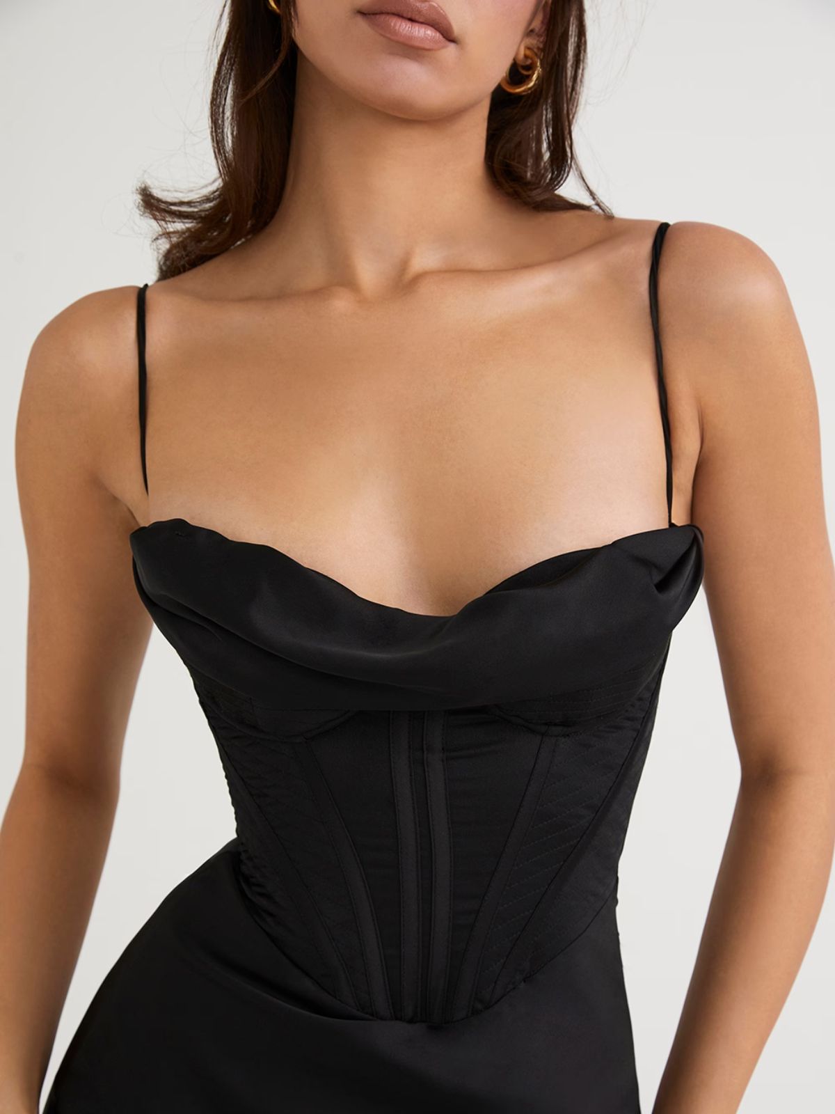 Whisper Corset Maxi Dress - Black, close-up of neckline with soft drape and elegant straps.