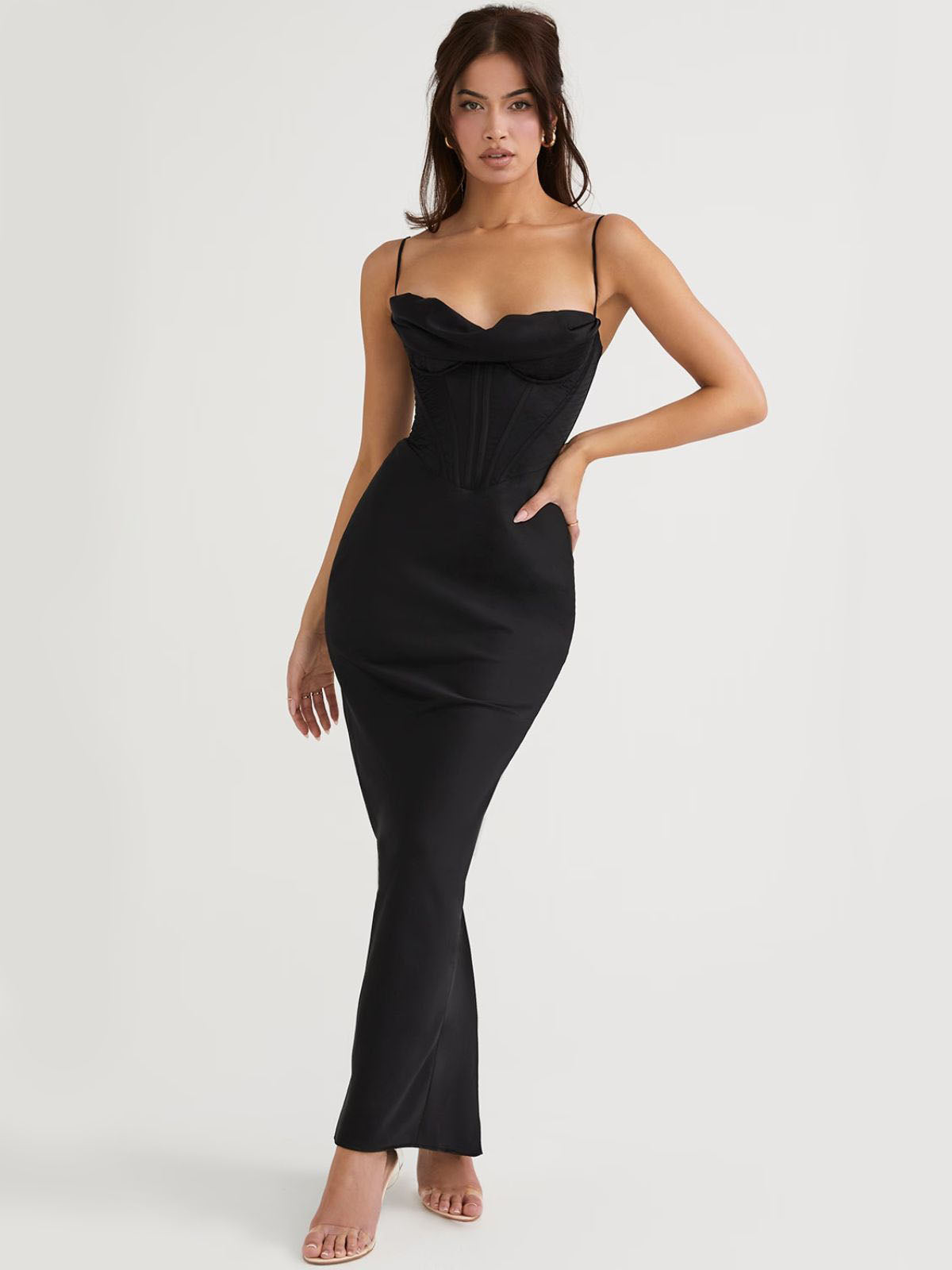 Whisper Corset Maxi Dress - Black, front view with elegant corset bodice and maxi silhouette.