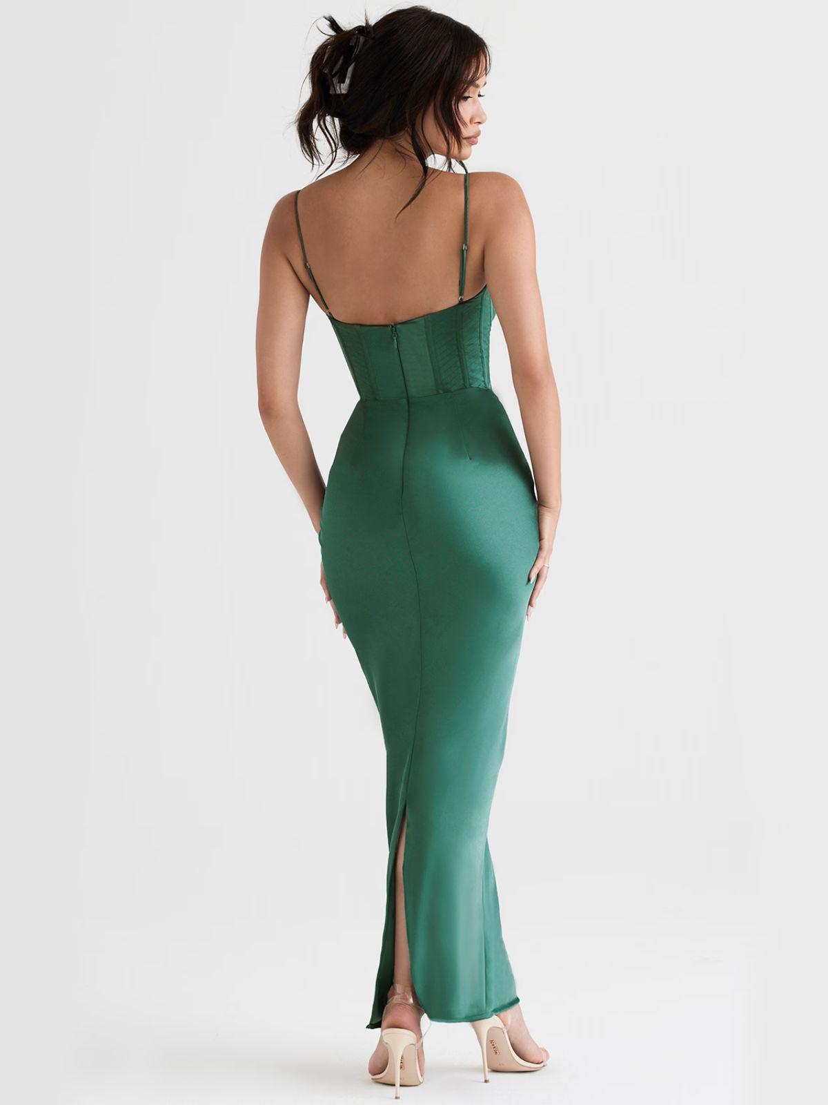 Whisper Corset Maxi Dress - Green, back view highlighting sleek fit and elegant corset details.