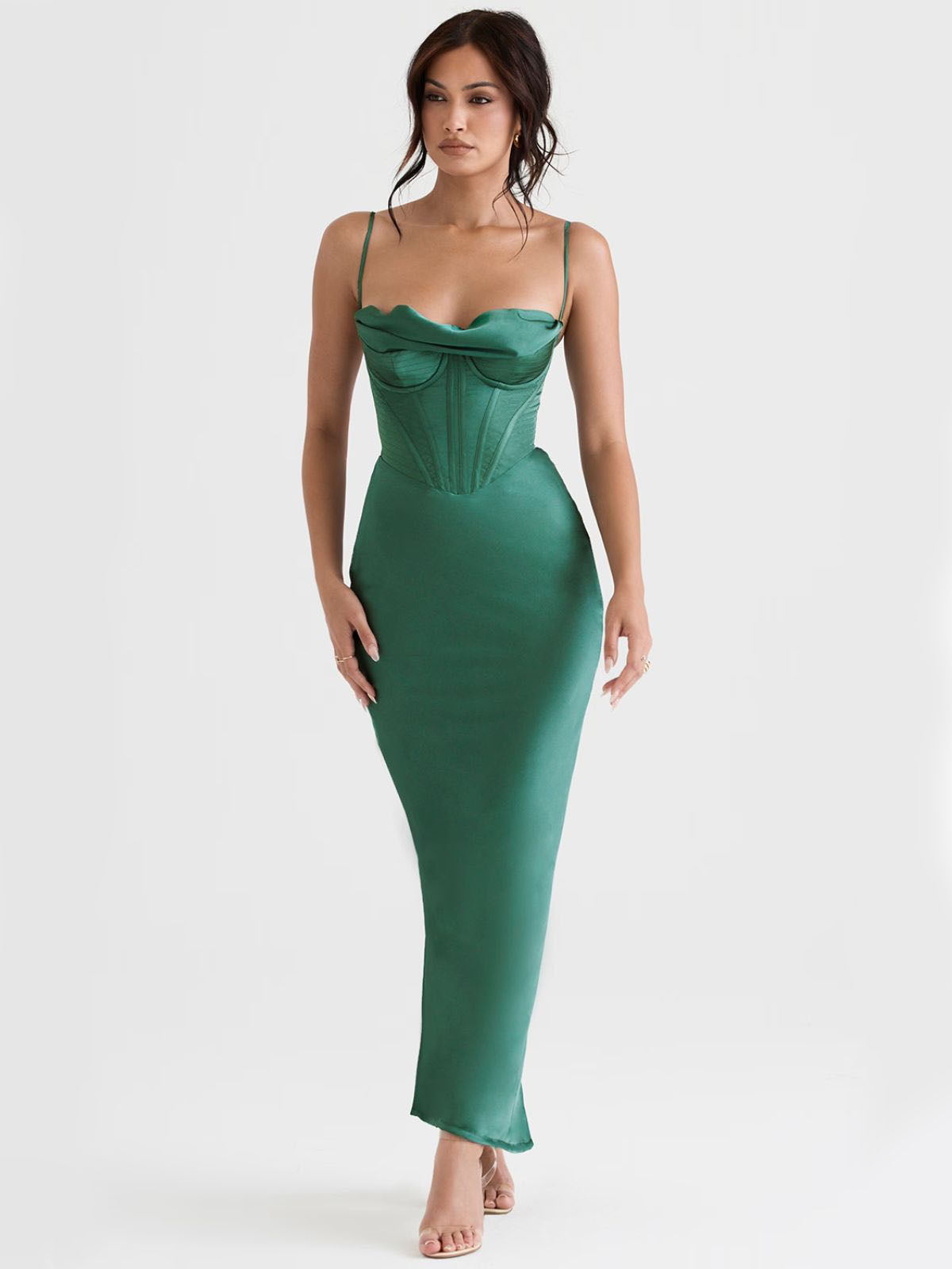 Whisper Corset Maxi Dress - Green, full-length front view with elegant maxi silhouette.