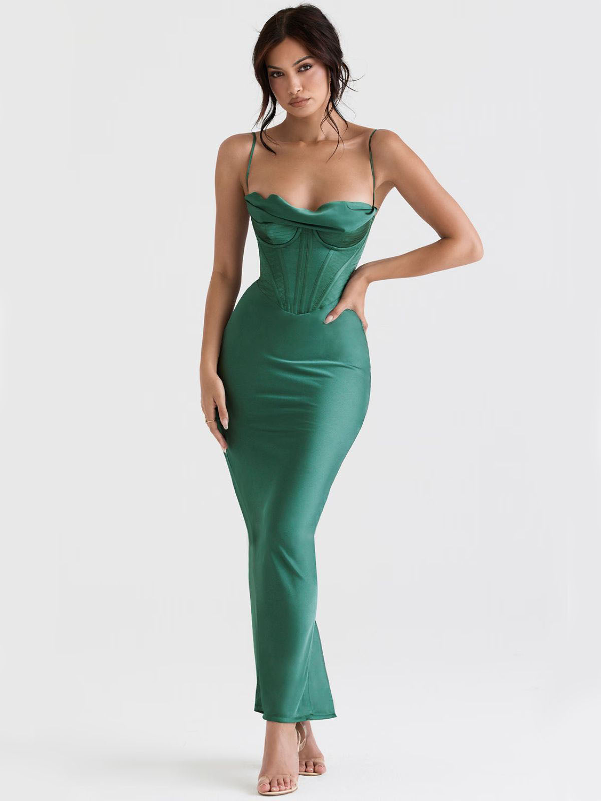 Whisper Corset Maxi Dress - Green, front view with a corset bodice and draped neckline.