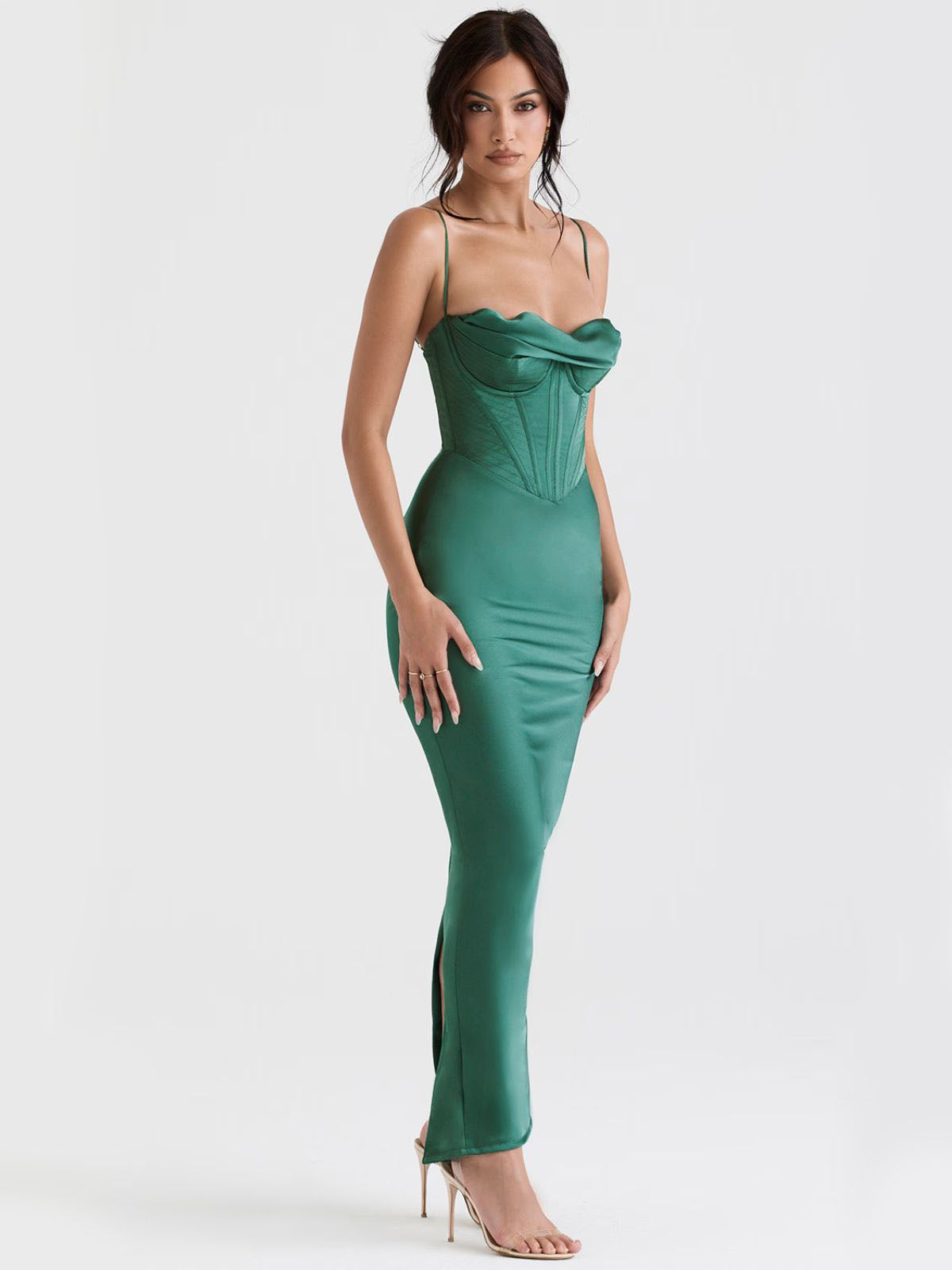 Whisper Corset Maxi Dress - Green, side angle with sleek design and thin straps.