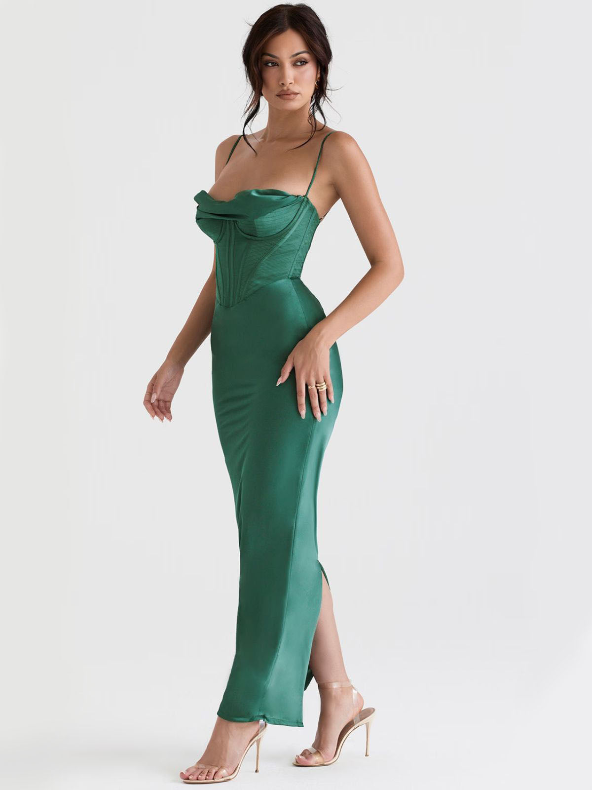 Whisper Corset Maxi Dress - Green, side view highlighting corset details and satin finish.