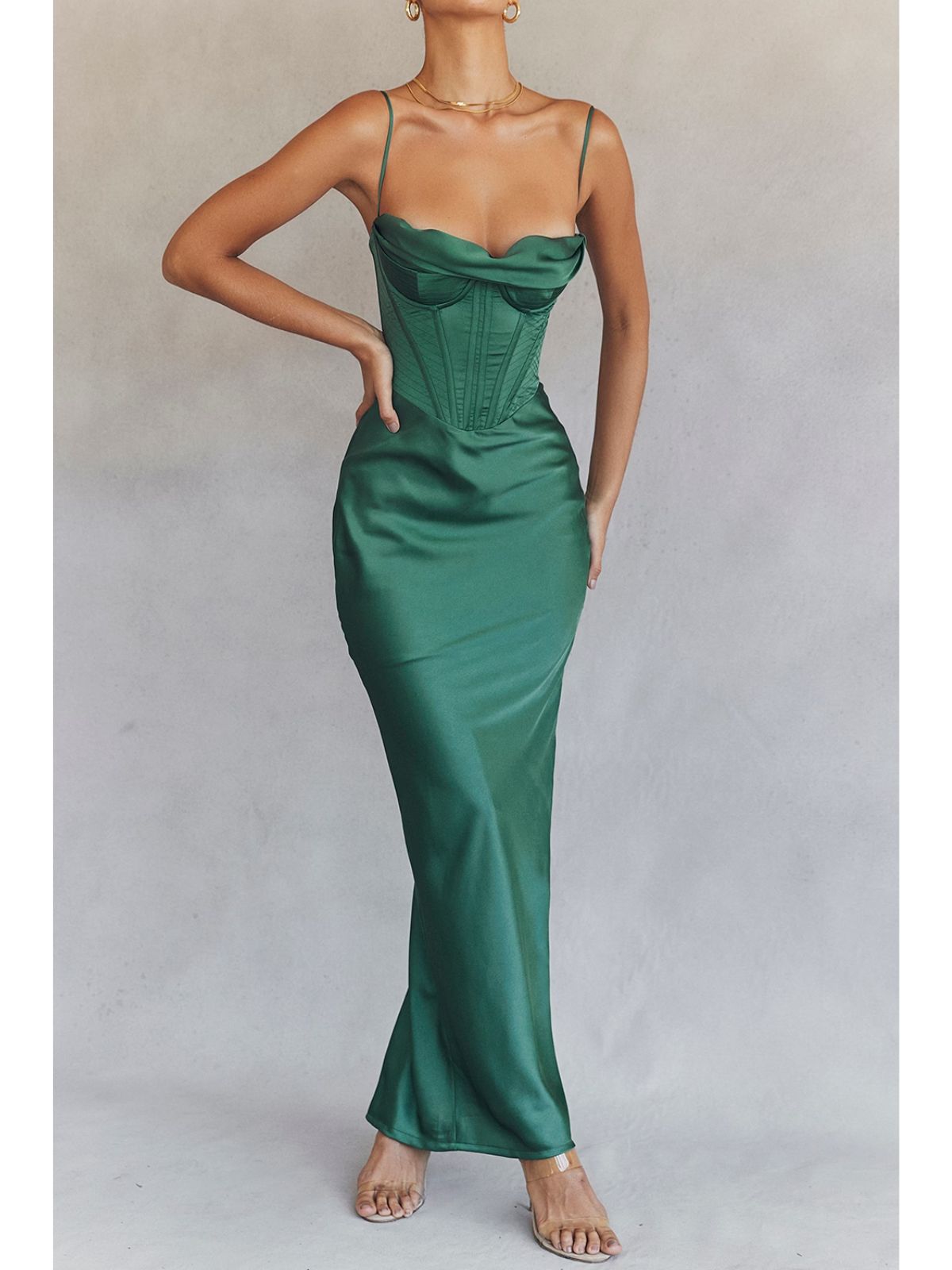 Whisper Corset Maxi Dress - Green, studio shot highlighting luxurious satin fabric.