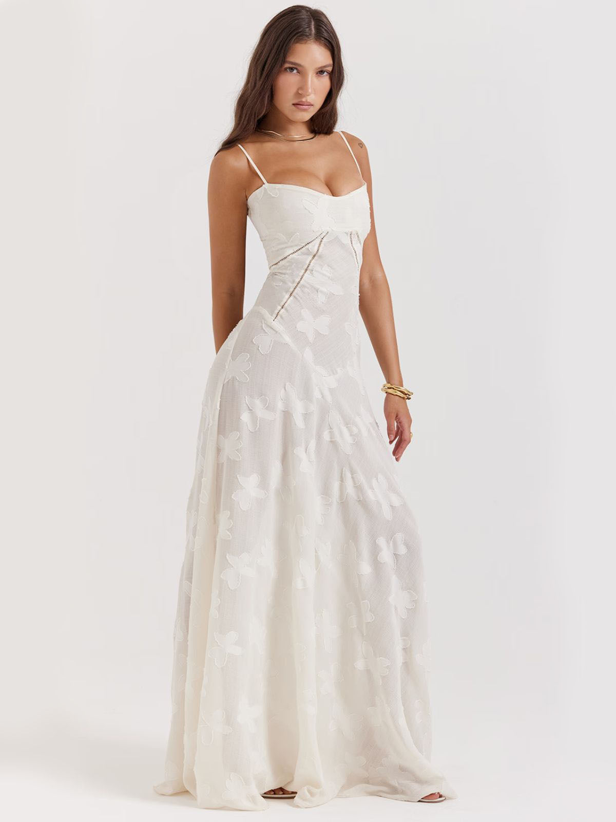 Elegant white floral dress with a chic backless design, delicate floral accents, and a breezy feel—ideal for summer weddings or formal wear.