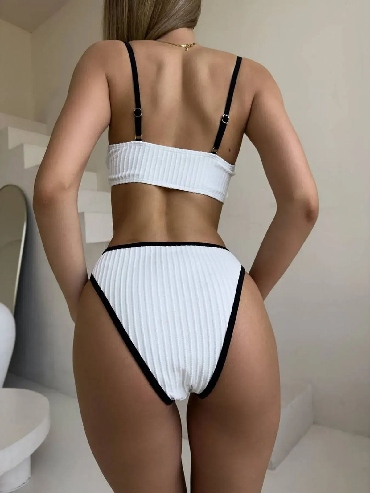 White High Waisted Bikini Sea Pearl back view ribbed set with adjustable straps and contrast black trim