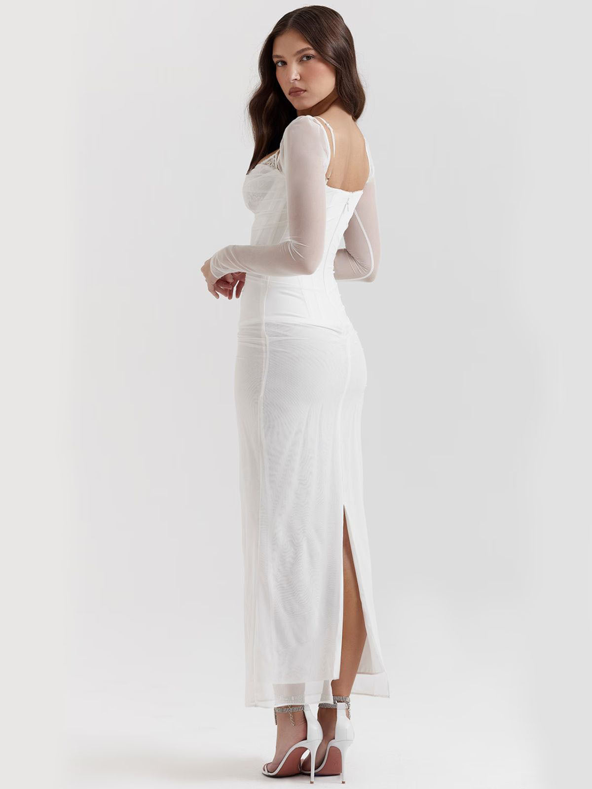 White lace maxi dress white lace maxi dress featuring a flattering fit, sheer sleeves, and lace accents, designed for sophistication.